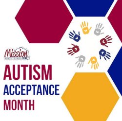 The Mission CISD logo with decorative hexagons and multicolored handprints. Reads, "Autism Acceptance Month"